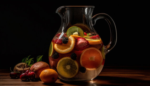 Refreshing citrus cocktail on wooden table with ice generated by AI