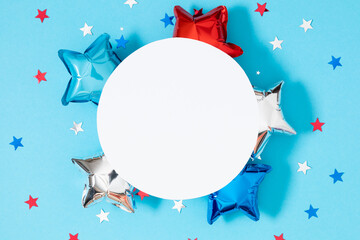 4th of July, USA Presidents Day, Independence Day. Flat lay top view of circle for text inflatable...