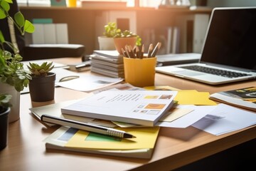 desk with documents and sticky notes and stationary