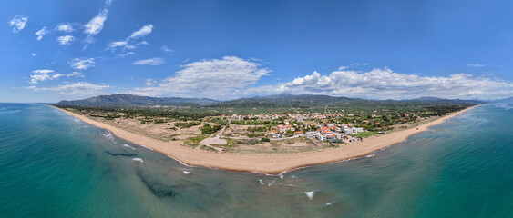 Aerial view of Paralia Kakovatos beach on the Peloponnese peninsula in Greece