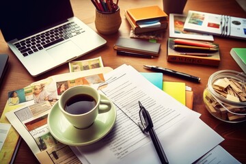 Obraz na płótnie Canvas desk with documents and sticky notes and stationary