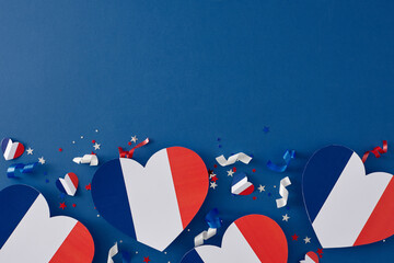 Wishing you a fantastic Bastille Day with love for France. Top view composition of paper national...