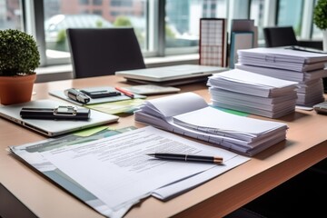 desk with documents and sticky notes and stationary