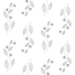 Seamless patern, twigs with buds and leaves on a white background, floral contour pattern, wedding ornament, freehand digital vector drawing.