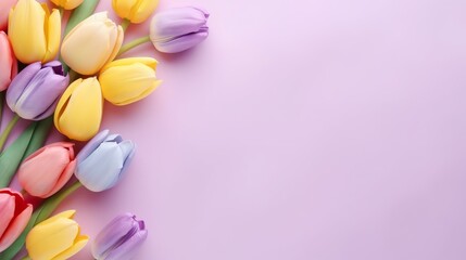 Obraz na płótnie Canvas Fondo de tulipanes en fondo amarillo. Generado por IA.