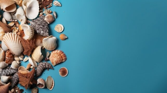 Fondo de conchas marinas con espacio para publicidad. Generado por IA.