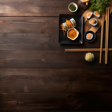 Fondo sobre concepto de sushi con espacio para publicidad. Generado por IA.