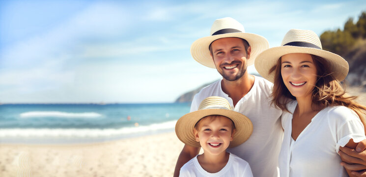 Smiling family in hats on the beach. Family vacation on the Ionian coast, holiday advertising in Albania. Generative Ai content.