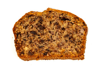 Slice of freshly baked homemade chocolate banana bread. Isolated on white background with copy...