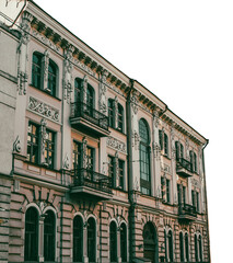Fototapeta premium City center building with panoramic windows isolated PNG photo with transparent background.
