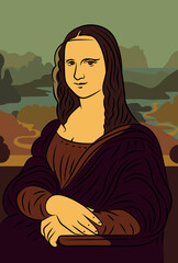 Leonardo da Vinci -  Mona Lisa. Gioconda. Joconde. Template, pattern. Colorful poster. Vector illustration.