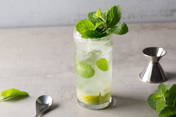 Homemade Mojito Cocktail refreshment rum, lime juice, mint leaves and soda water 