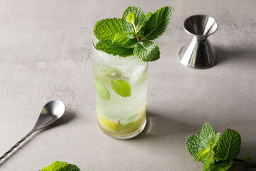 Homemade Mojito Cocktail refreshment rum, lime juice, mint leaves and soda water 