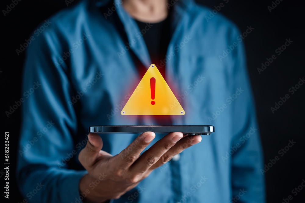 Poster System warning caution sign symbol paper cut out. Notification error and maintenance concept. cyber attack on computer network. Cybersecurity vulnerability, data breach, illegal connection.