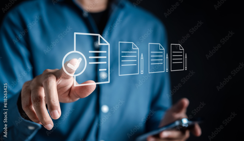 Poster Document checking quality and approve management with Quality Assurance Standardization, certification. Document Management System, online documentation database manage files...