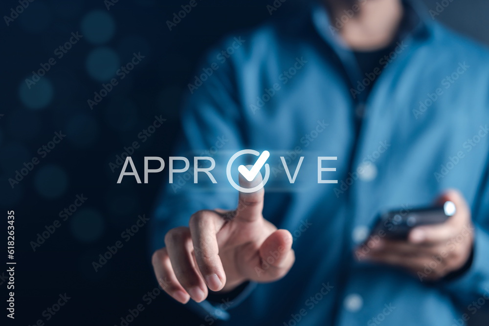 Poster hand man touching tick or check mark correct sign for quality standards control checklist, business 