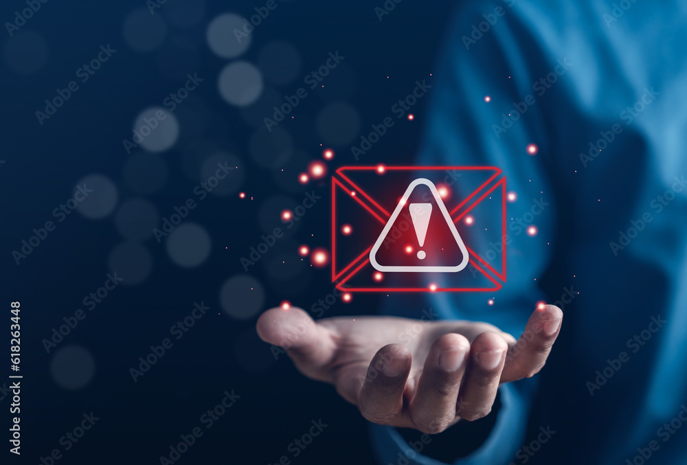 Aufkleber email spam virus warning caution sign for notification on internet letter security protect, junk and