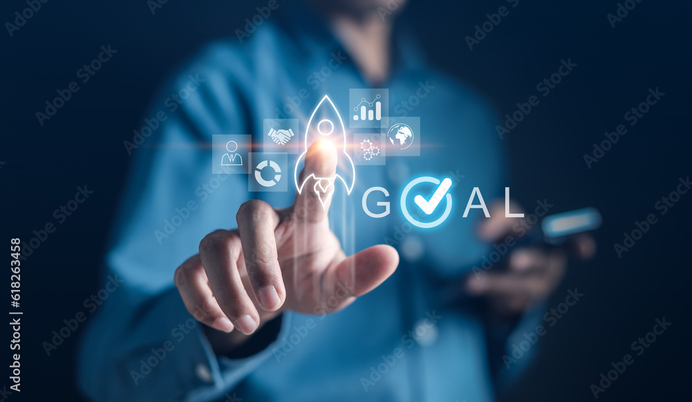 Poster hand business with rocket launch icon, fast start up business to goal and success objective target a