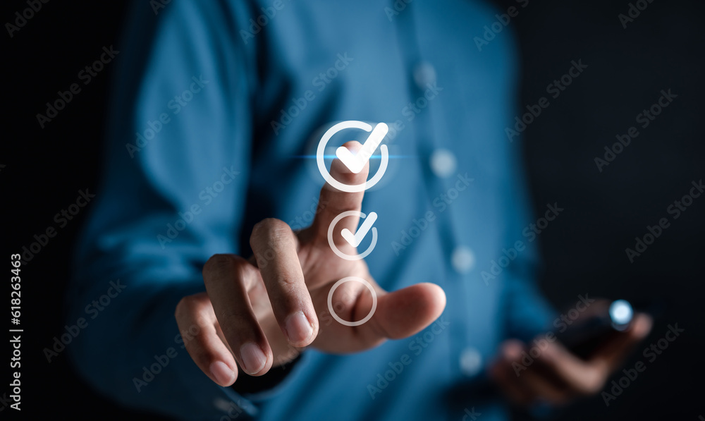 Aufkleber Digital Guarantee Checkmark, business checking quality assurance QA or QC management, certification Standardization, certification. Compliance to regulations service and standards.