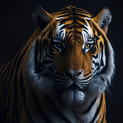 A close-up view of a tiger's fierce face, set against a black background, showcasing its piercing eyes and powerful presence. Generative AI.