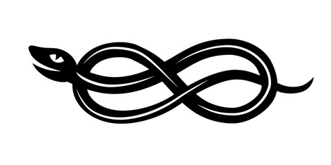Simple illustration of snake with infinity sign body, ouroboros. Symbol, sign, black, icon, silhouette, tattoo.