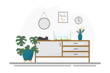 A modern cozy living room interior with a black cat. Concept vector illustration in flat style.