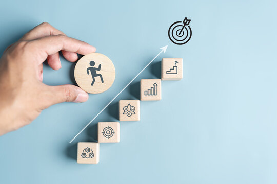 Business growth success achievement concept, hand arranging wooden block stacking as step stair or ladder for planning development leadership and customer target group concept.