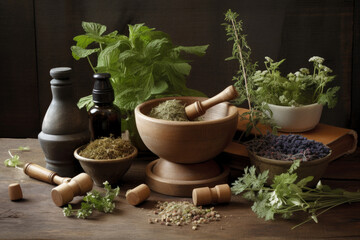 Various dried spices and herbs on a wooden table, AI Generated