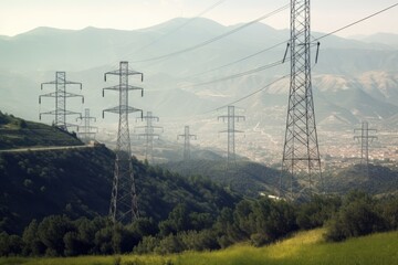 Electric transmission tower pylons stretching across