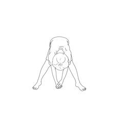 Kids Yoga - Joga für Kinder, Asana Armschaukel, horizontal Banner Design Concept Cartoon. Junge barfuß in Yoga Haltung, macht fröhliches Gesicht. Yogi Logo auf Hintergrund in weiß.