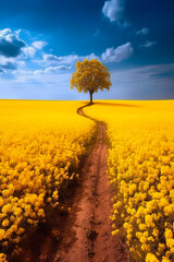 A field with yellow flowers and a lone tree. Generative AI