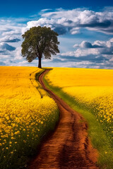 A field with yellow flowers and a lone tree. Generative AI