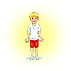 Kids Yoga - Joga für Kinder, Asana Berg, horizontal Banner Design Concept Cartoon. Junge barfuß in Yoga Haltung, macht fröhliches Gesicht. Yogi Logo auf Hintergrund in weiß.