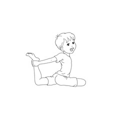 Kids Yoga - Joga für Kinder, Asana Wellensittich, horizontal Banner Design Concept Cartoon. Junge barfuß in Yoga Haltung, macht fröhliches Gesicht. Yogi Logo auf Hintergrund in weiß.