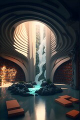 futuristic waterfall library interior 8k octane render 