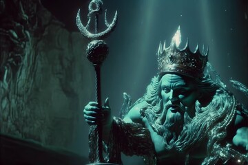 stillframe from The Little Mermaid 1952 liveaction film mermaid king with trident and fish swimming underwaer cinematic lighting  - obrazy, fototapety, plakaty