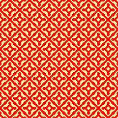 Seamless pattern design . Repeated red figures on yellow background. Symmetric abstract wallpaper. Grid motif. For digital paper, page fills, web desing, surface textures. Vector art illustration