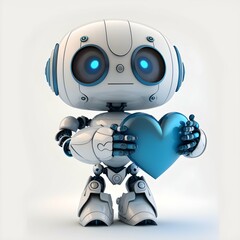 cute robot white and blue colors big eyes robot is holding with 2 hands a big red heart happy smile happy to help stand straight white background 