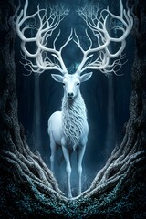 Mythical Forest Ceature The White Stag in a magical enchanted forest 
