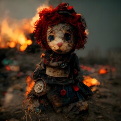 raggedy ann doll in a post apocolyptic wasteland black fluid red eyes burning garbage golden ratio 8K octane render unreal 5 engine photo realistic hyper realism realistic detail sharp lines 