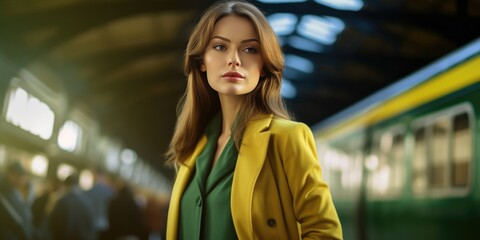 Fototapeta premium Happy and beautiful woman smiling in train station, generative ai