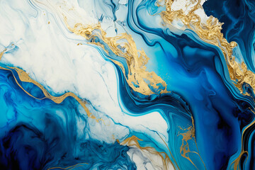 Fluid Art. Liquid blue and gold metallic swirl. Generative AI illustration
