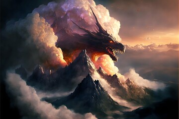 dragon doom volcano mysty mountain country flying clouds  - obrazy, fototapety, plakaty