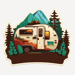 Travel by caravan for adventure. Summer holidays and camping. Family trip. Cartoon vector illustration. 