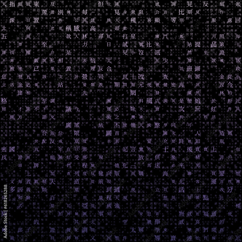 Fototapete Futuristic tech background. Random letters of Chinese Traditional Alphabet. Gradiented matrix pattern. Purple color theme backgrounds. Tileable horizontally.
