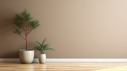 Background of a home with a beige brown wall, a green tropical tree in a white modern design pot, a baseboard on a wooden parquet in sunshine, and a 3D background of an appliance product 
