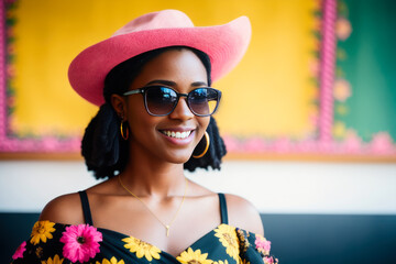 Digital Portrait of happy young black female model in fashionable sunglasses and textile hat. Generative AI