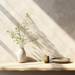 Contemporary white vase, lush green plant, wooden platter, and sunlight on a stone countertop, with leaf shadows against a beige stucco wall—ideal for interior decor and 3D product display.