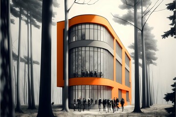art society building in bauhaus style with tall windows and submerged in forest with hiking trail entrance with lots of people minimalist vray render outside view orange paint photo realistic 35mm 