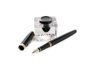 Stylish black fountain pen and inkwell isolated on white